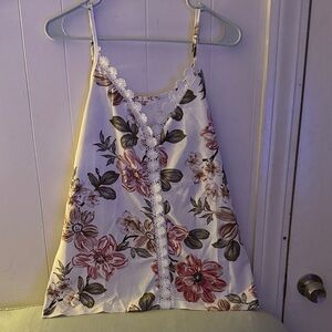 Floral Lace-Trim Camisole Tank Top - White with Pink & Green Floral